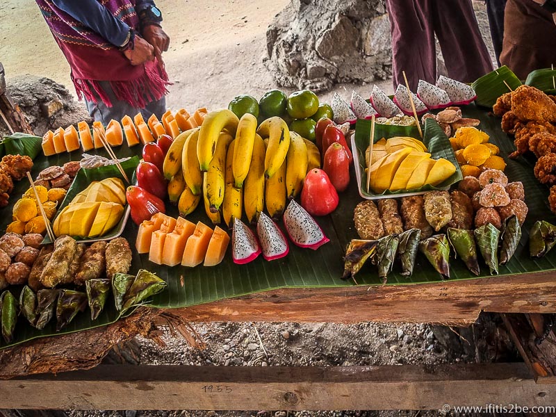 Lunch with tons of fruit, fried chicken, sticky rice and more at Patara Elephant Farm