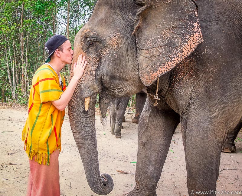 Kissing the elephant goodbye at Patara Elephant Farm outside of Chiang Mai